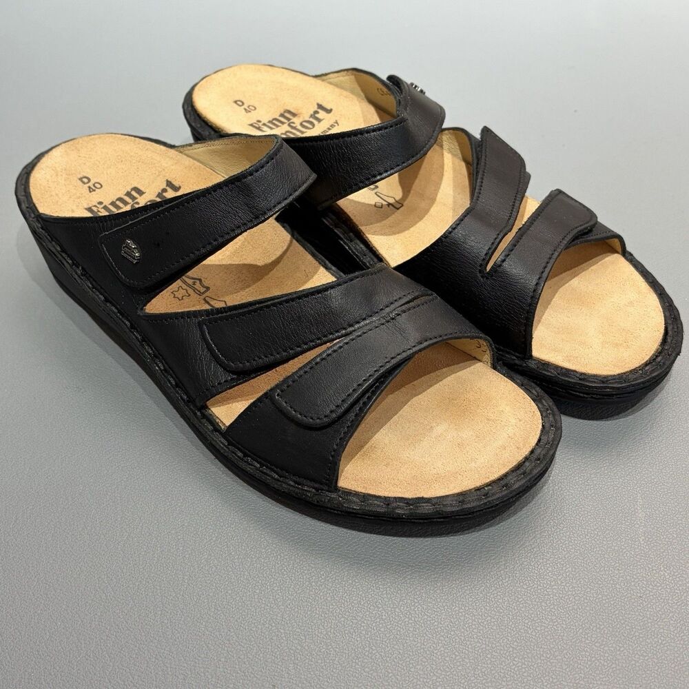 Finn Comfort Slide Sandals EU 40 US 9 Black Leather Adjustable Triple Straps